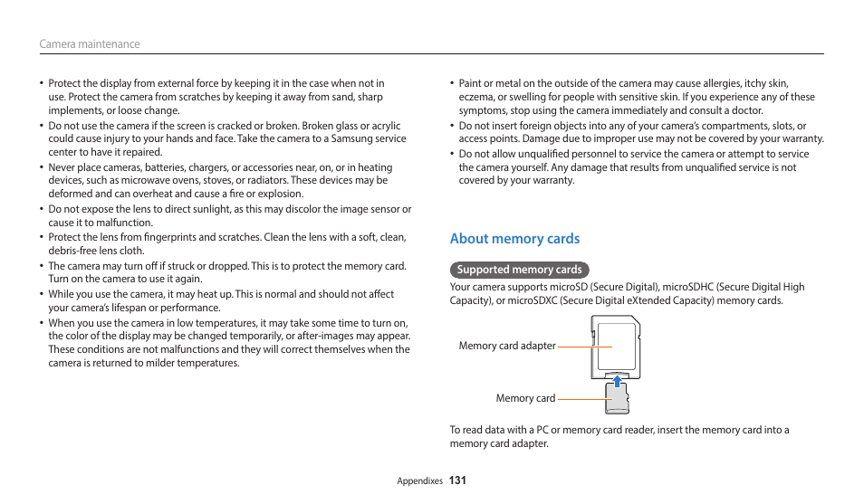 About memory cards | Samsung EC-ST150FBPWPY User Manual | Page 132 / 155