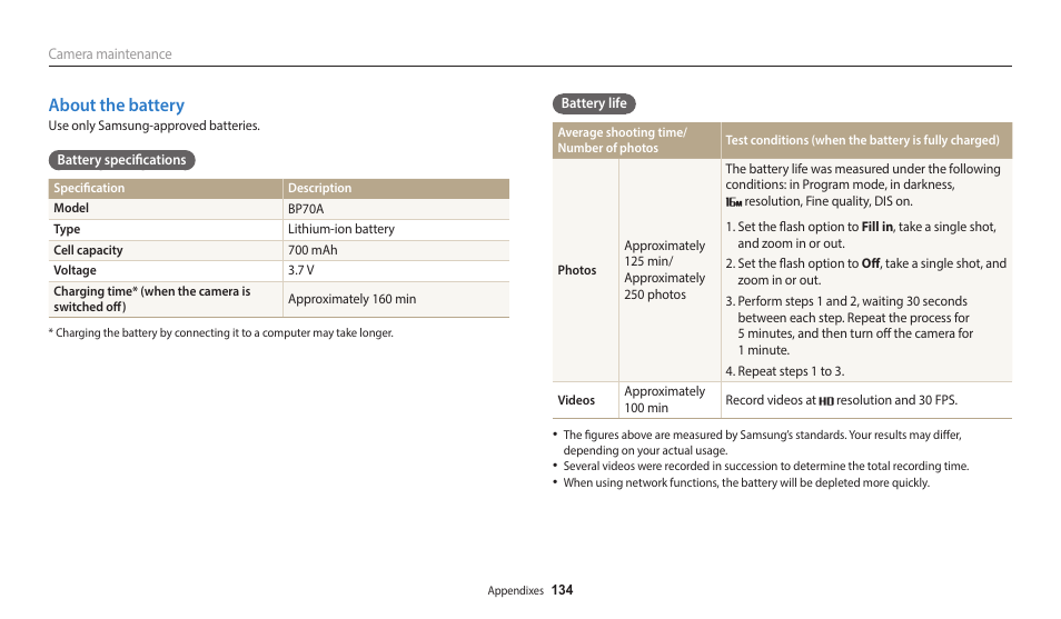 About the battery | Samsung EC-ST150FBPWPY User Manual | Page 135 / 155