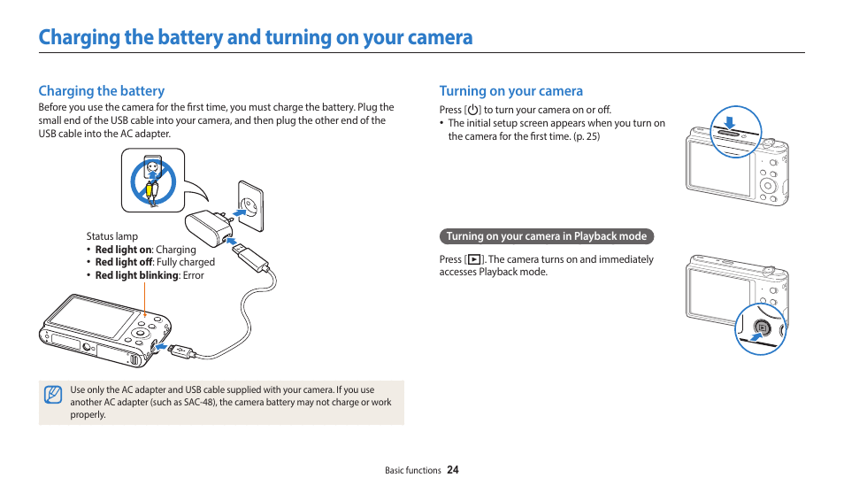 Charging the battery and turning on your camera, Charging the battery, Turning on your camera | Charging the battery turning on your camera | Samsung EC-ST150FBPWPY User Manual | Page 25 / 155