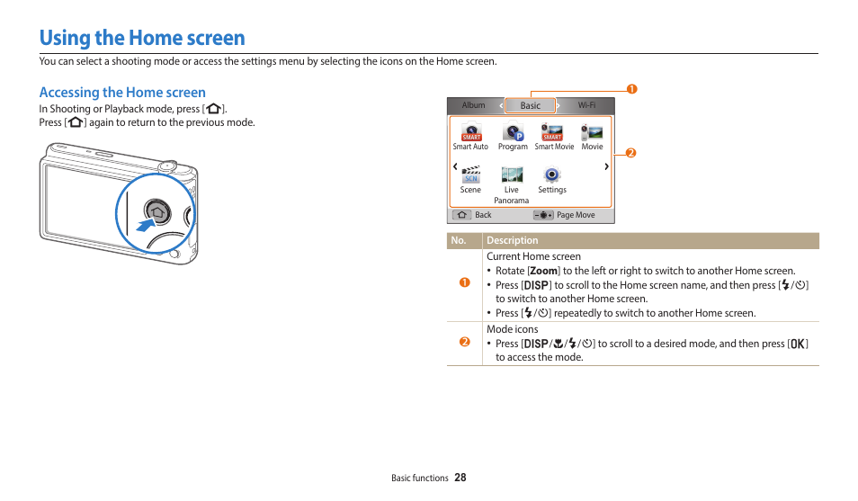 Using the home screen, Accessing the home screen | Samsung EC-ST150FBPWPY User Manual | Page 29 / 155
