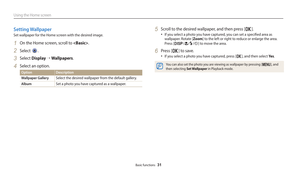 Setting wallpaper | Samsung EC-ST150FBPWPY User Manual | Page 32 / 155