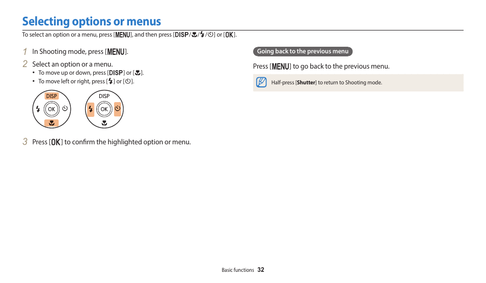 Selecting options or menus | Samsung EC-ST150FBPWPY User Manual | Page 33 / 155