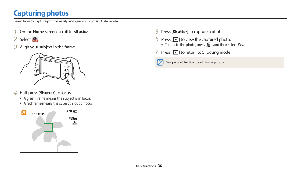 Capturing photos | Samsung EC-ST150FBPWPY User Manual | Page 37 / 155