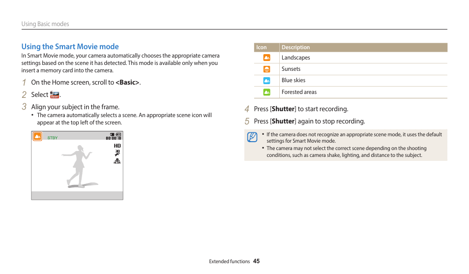 Using the smart movie mode | Samsung EC-ST150FBPWPY User Manual | Page 46 / 155