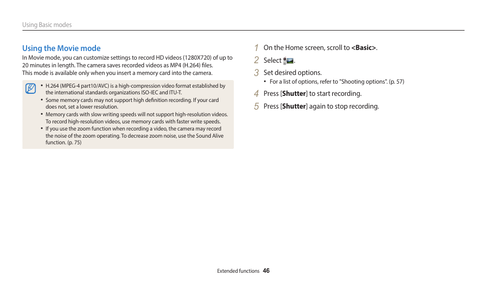 Using the movie mode | Samsung EC-ST150FBPWPY User Manual | Page 47 / 155