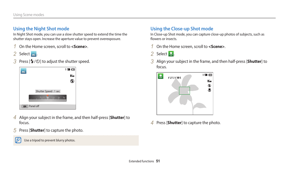 Using the night shot mode, Using the close-up shot mode | Samsung EC-ST150FBPWPY User Manual | Page 52 / 155