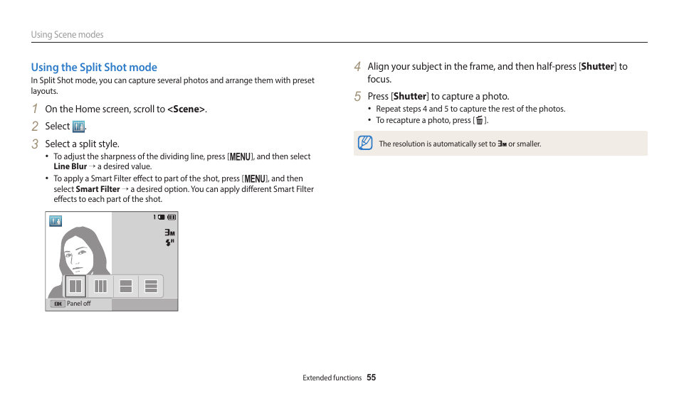 Using the split shot mode | Samsung EC-ST150FBPWPY User Manual | Page 56 / 155