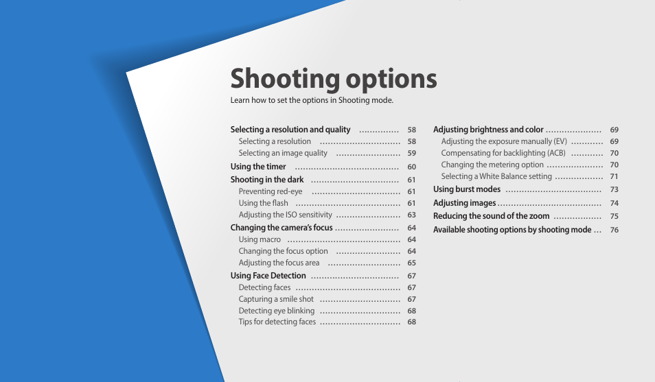 Shooting options, Learn how to set the options in shooting mode | Samsung EC-ST150FBPWPY User Manual | Page 58 / 155