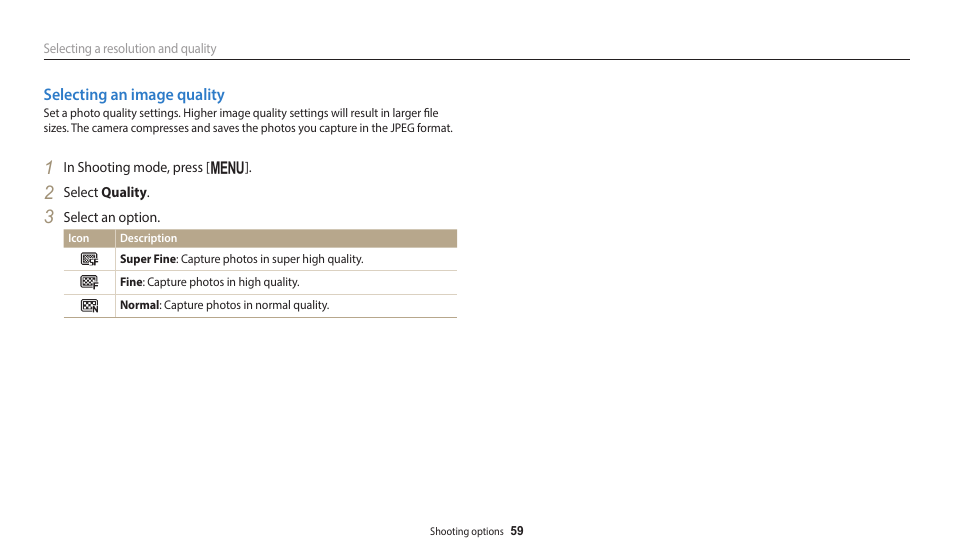 Selecting an image quality | Samsung EC-ST150FBPWPY User Manual | Page 60 / 155
