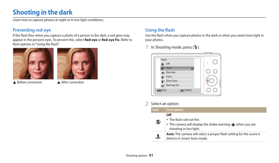 Shooting in the dark, Preventing red-eye, Using the flash | Preventing red-eye using the flash | Samsung EC-ST150FBPWPY User Manual | Page 62 / 155