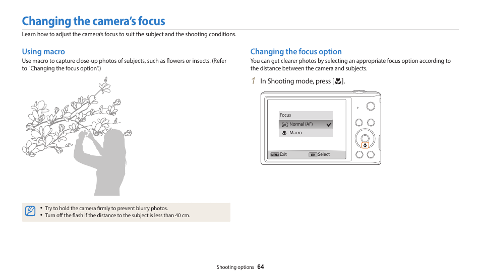 Changing the camera’s focus, Using macro, Changing the focus option | Using macro changing the focus option | Samsung EC-ST150FBPWPY User Manual | Page 65 / 155