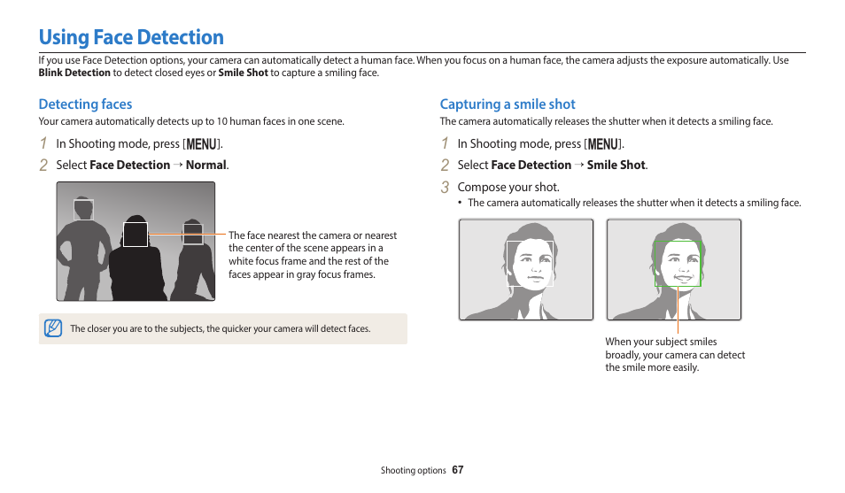 Using face detection, Detecting faces, Capturing a smile shot | Detecting faces capturing a smile shot | Samsung EC-ST150FBPWPY User Manual | Page 68 / 155