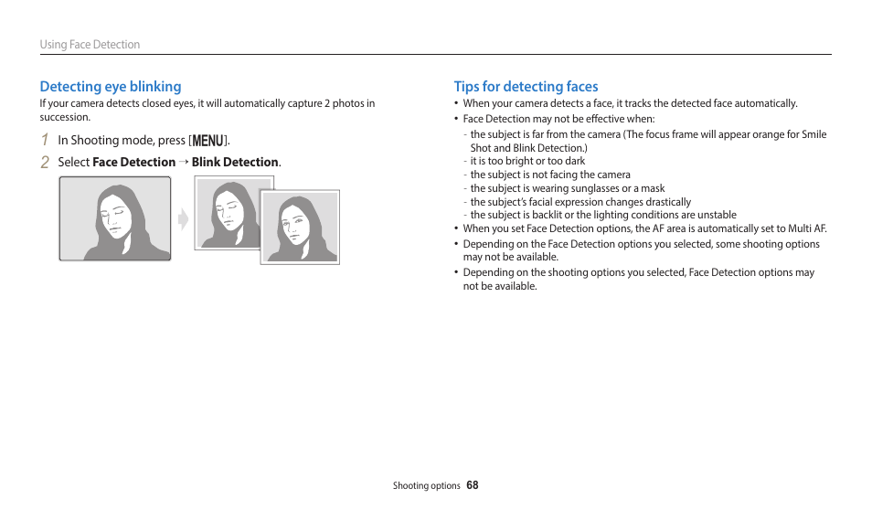 Detecting eye blinking, Tips for detecting faces, Detecting eye blinking tips for detecting faces | Samsung EC-ST150FBPWPY User Manual | Page 69 / 155