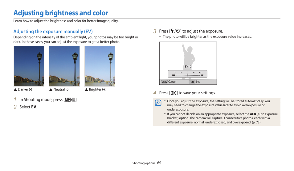 Adjusting brightness and color, Adjusting the exposure manually (ev) | Samsung EC-ST150FBPWPY User Manual | Page 70 / 155