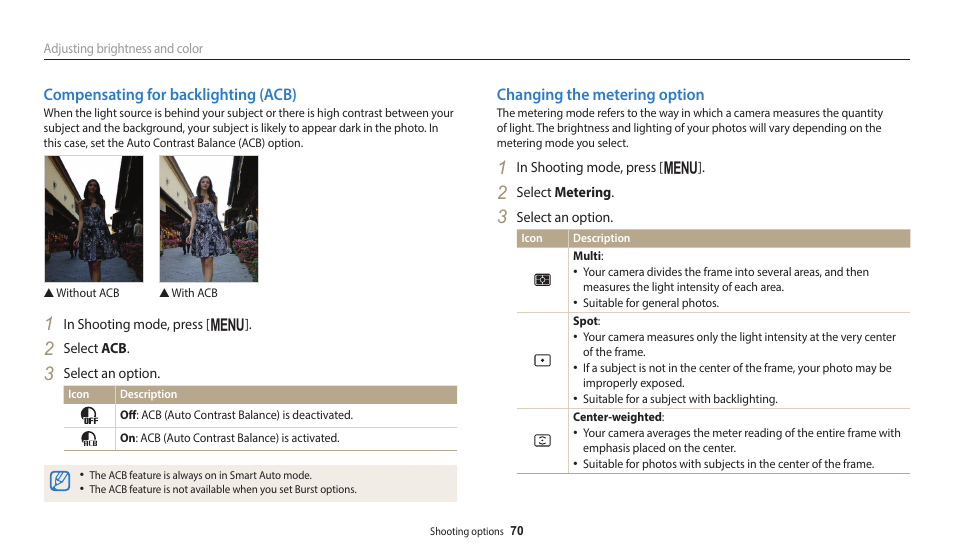 Compensating for backlighting (acb), Changing the metering option | Samsung EC-ST150FBPWPY User Manual | Page 71 / 155