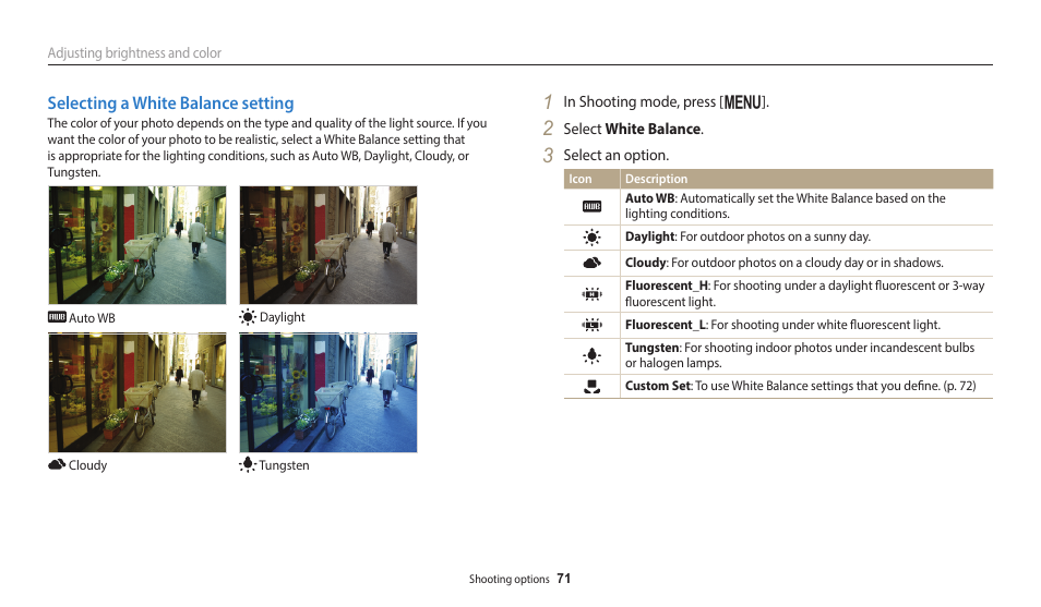 Selecting a white balance setting | Samsung EC-ST150FBPWPY User Manual | Page 72 / 155