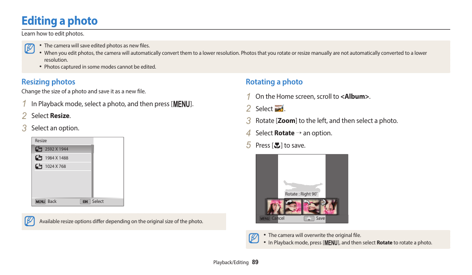 Editing a photo, Resizing photos, Rotating a photo | Resizing photos rotating a photo | Samsung EC-ST150FBPWPY User Manual | Page 90 / 155