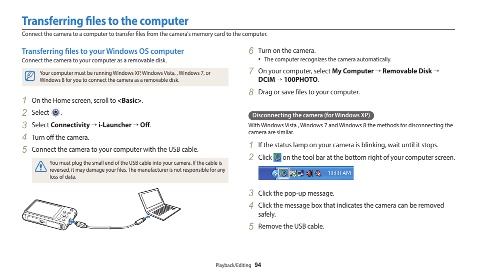 Transferring files to the computer, Transferring files to your windows os computer | Samsung EC-ST150FBPWPY User Manual | Page 95 / 155