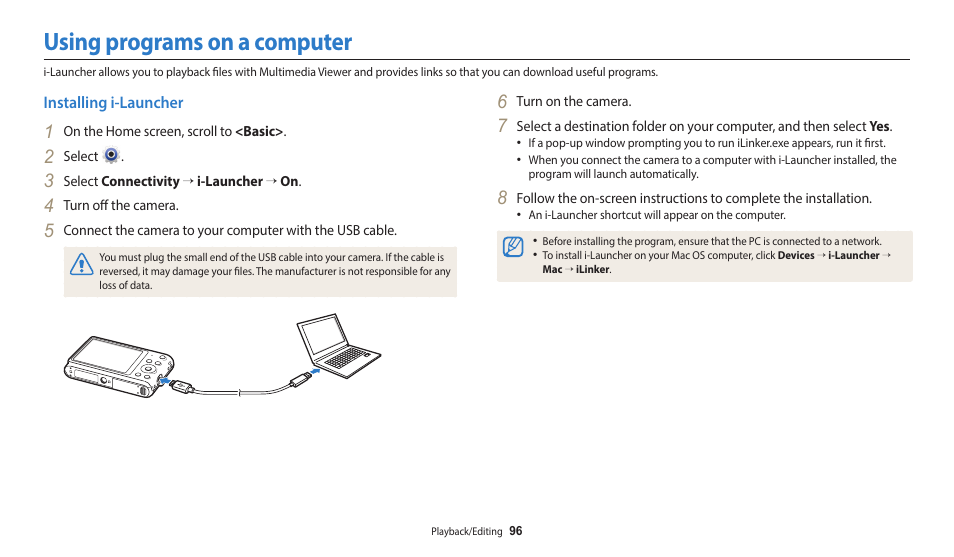 Using programs on a computer, Installing i-launcher | Samsung EC-ST150FBPWPY User Manual | Page 97 / 155