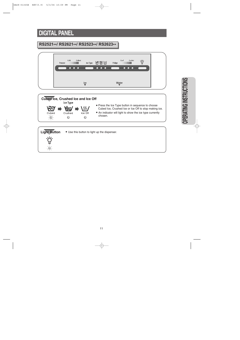 Opera ting instructions, Digital panel | Samsung RS2623SL-XAA User Manual | Page 11 / 40
