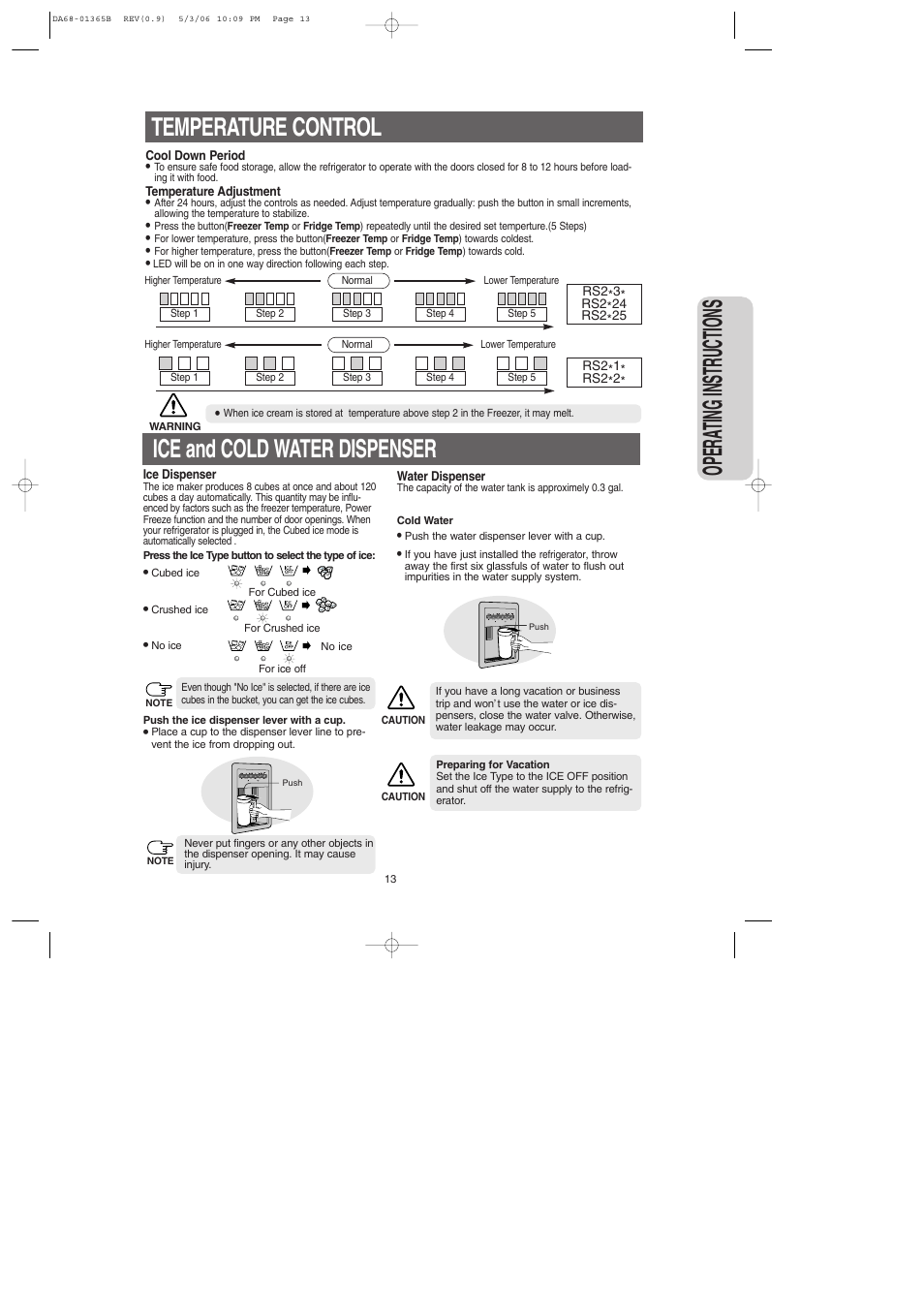 Temperature control, Ice and cold water dispenser, Opera ting instructions | Samsung RS2623SL-XAA User Manual | Page 13 / 40
