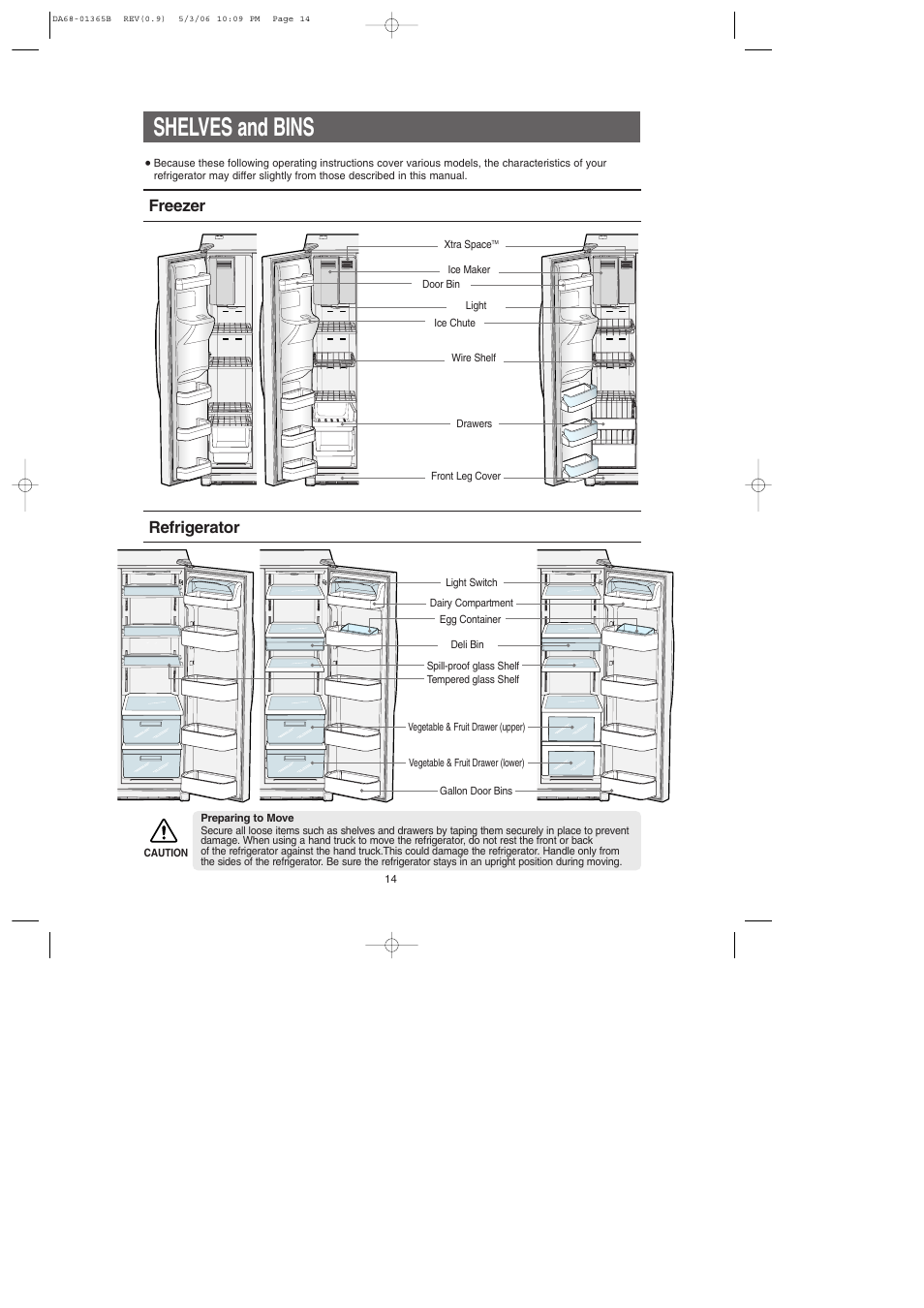 Shelves and bins, Refrigerator, Freezer | Samsung RS2623SL-XAA User Manual | Page 14 / 40