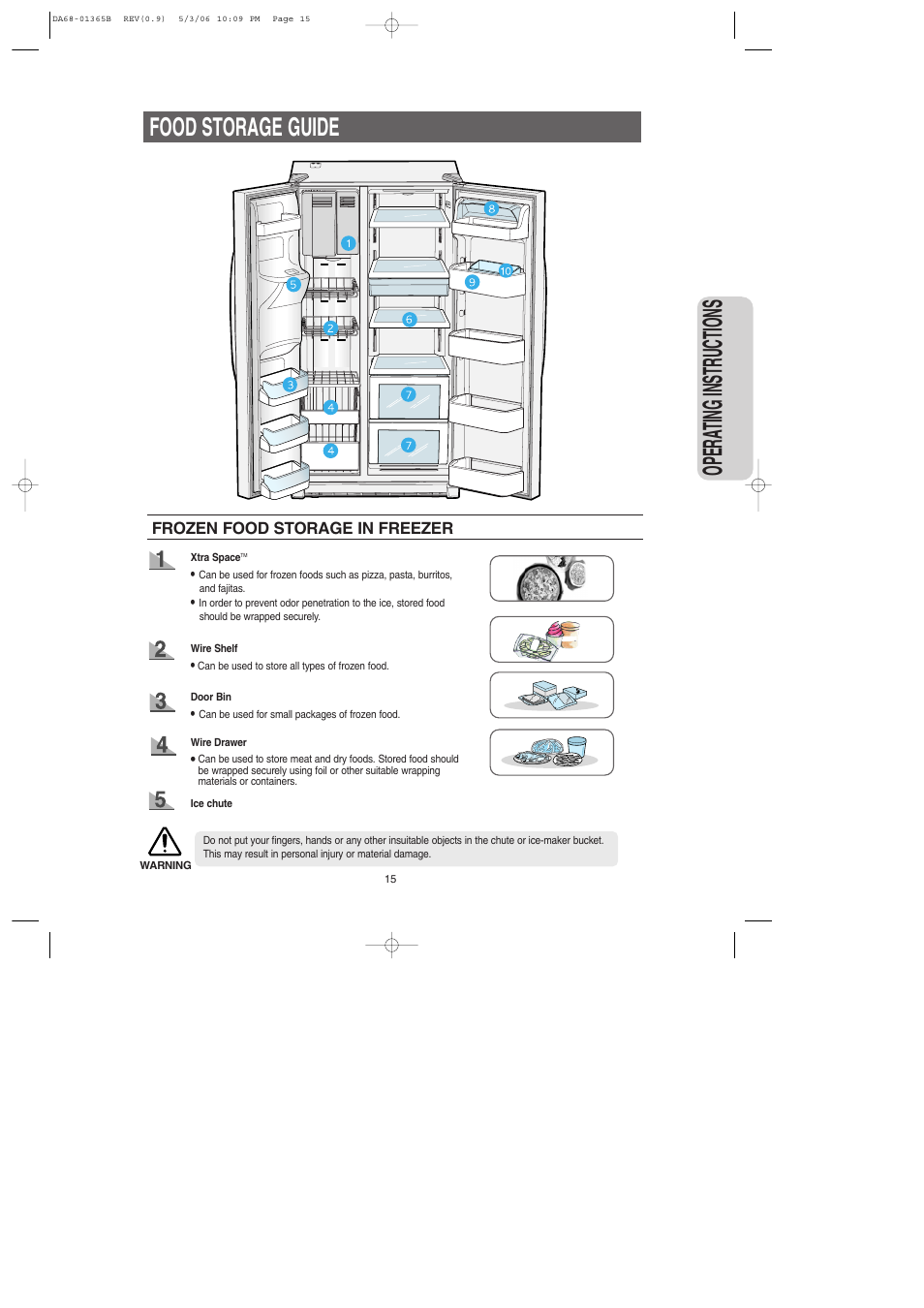 Food storage guide, Opera ting instructions | Samsung RS2623SL-XAA User Manual | Page 15 / 40