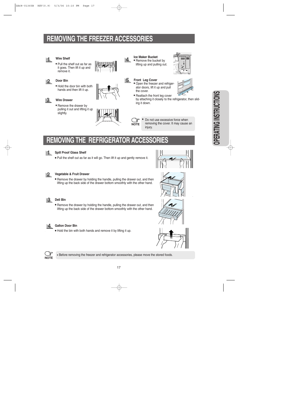 Removing the freezer accessories, Removing the refrigerator accessories, Opera ting instructions | Samsung RS2623SL-XAA User Manual | Page 17 / 40