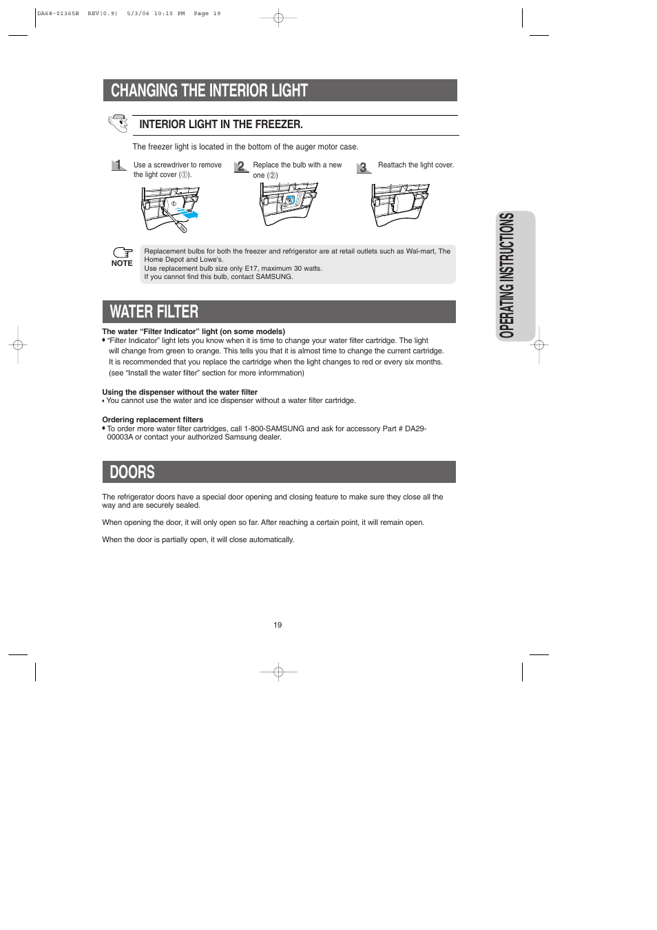 Water filter, Doors, Opera ting instructions | Changing the interior light | Samsung RS2623SL-XAA User Manual | Page 19 / 40