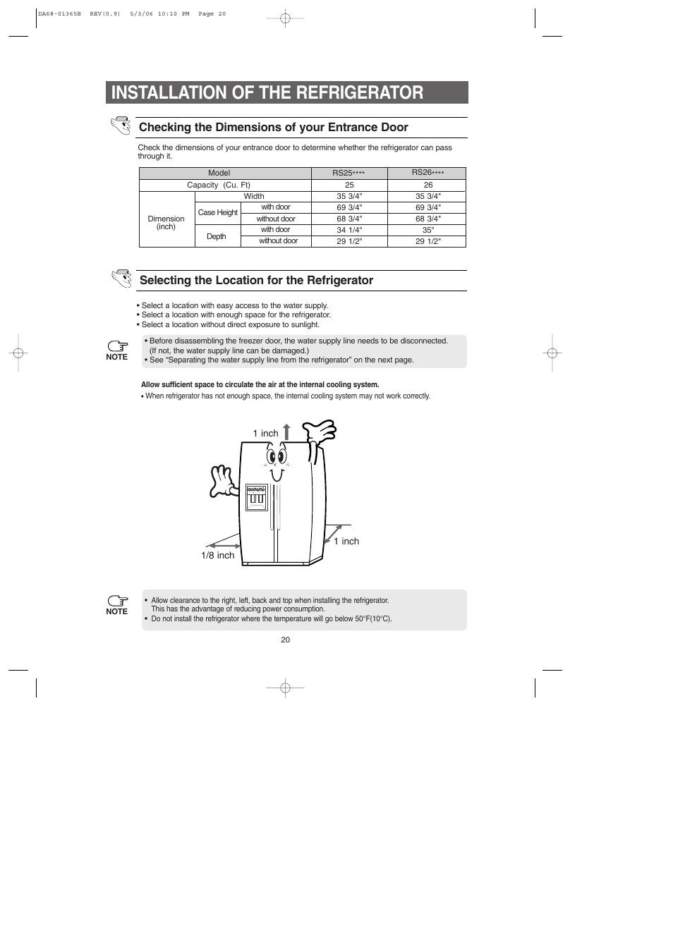 Installation of the refrigerator, Checking the dimensions of your entrance door, Selecting the location for the refrigerator | Samsung RS2623SL-XAA User Manual | Page 20 / 40