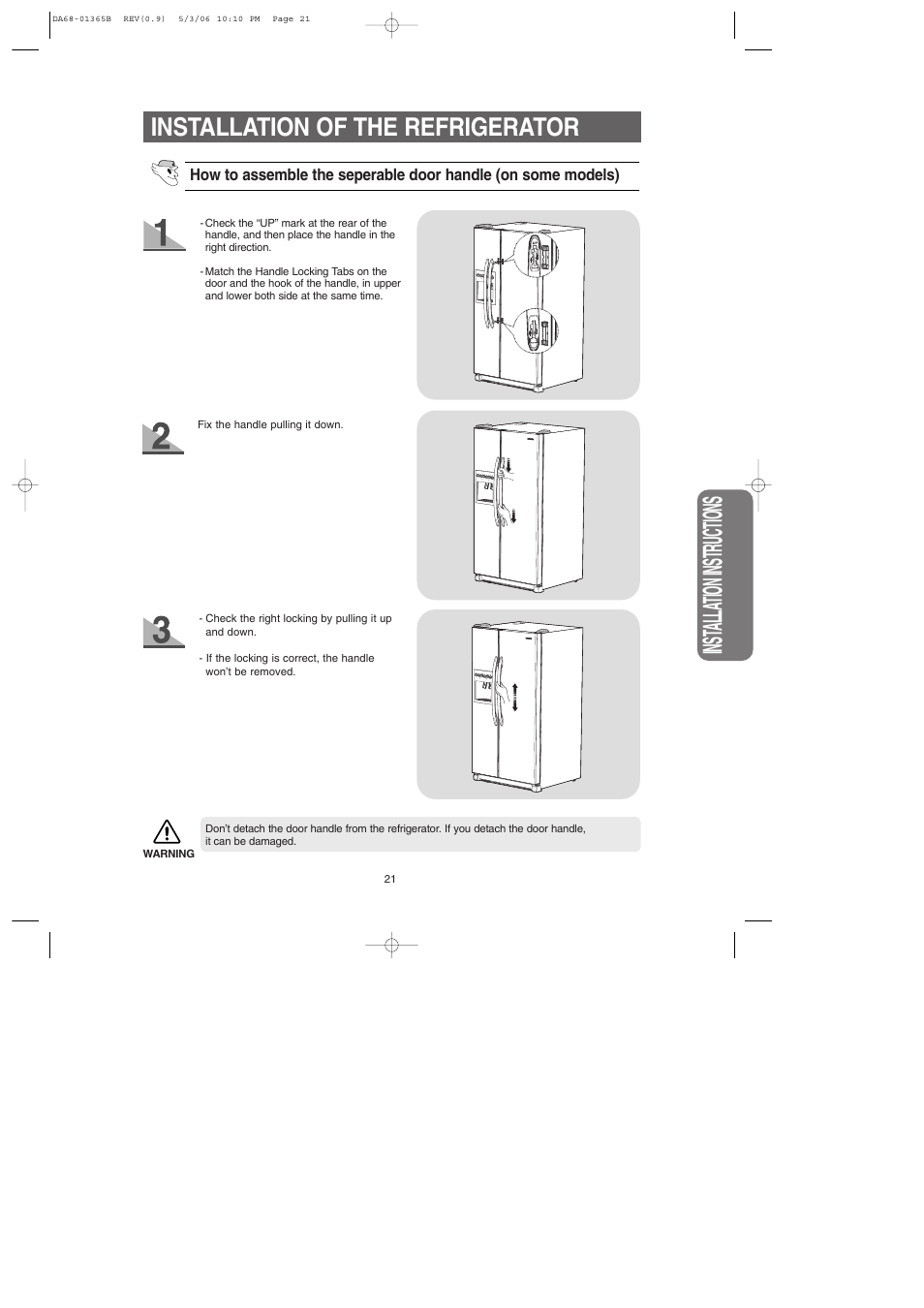 Inst alla tion instructions, Installation of the refrigerator | Samsung RS2623SL-XAA User Manual | Page 21 / 40