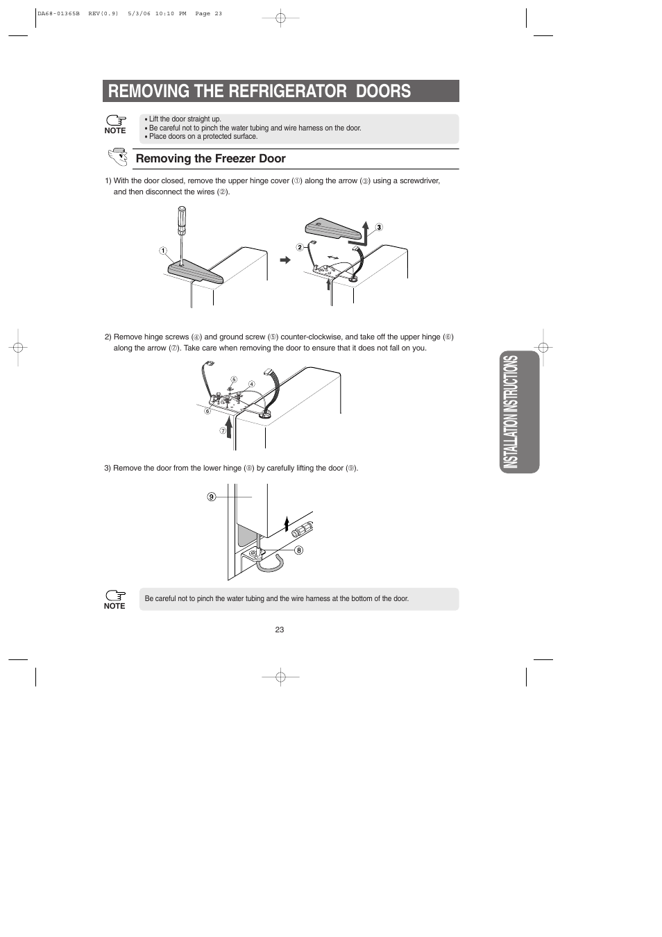 Inst alla tion instructions, Removing the refrigerator doors | Samsung RS2623SL-XAA User Manual | Page 23 / 40
