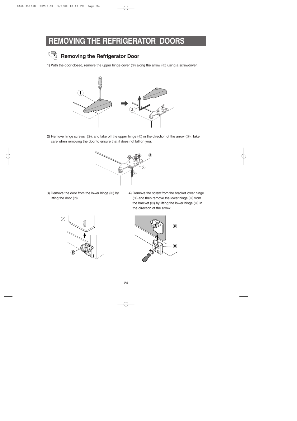 Removing the refrigerator doors, Removing the refrigerator door | Samsung RS2623SL-XAA User Manual | Page 24 / 40