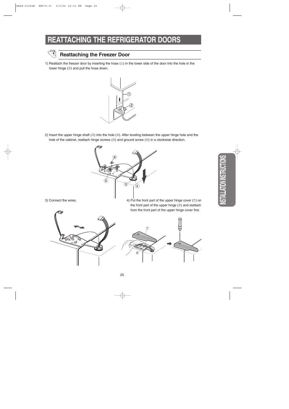 Reattaching the refrigerator doors, Inst alla tion instructions | Samsung RS2623SL-XAA User Manual | Page 25 / 40