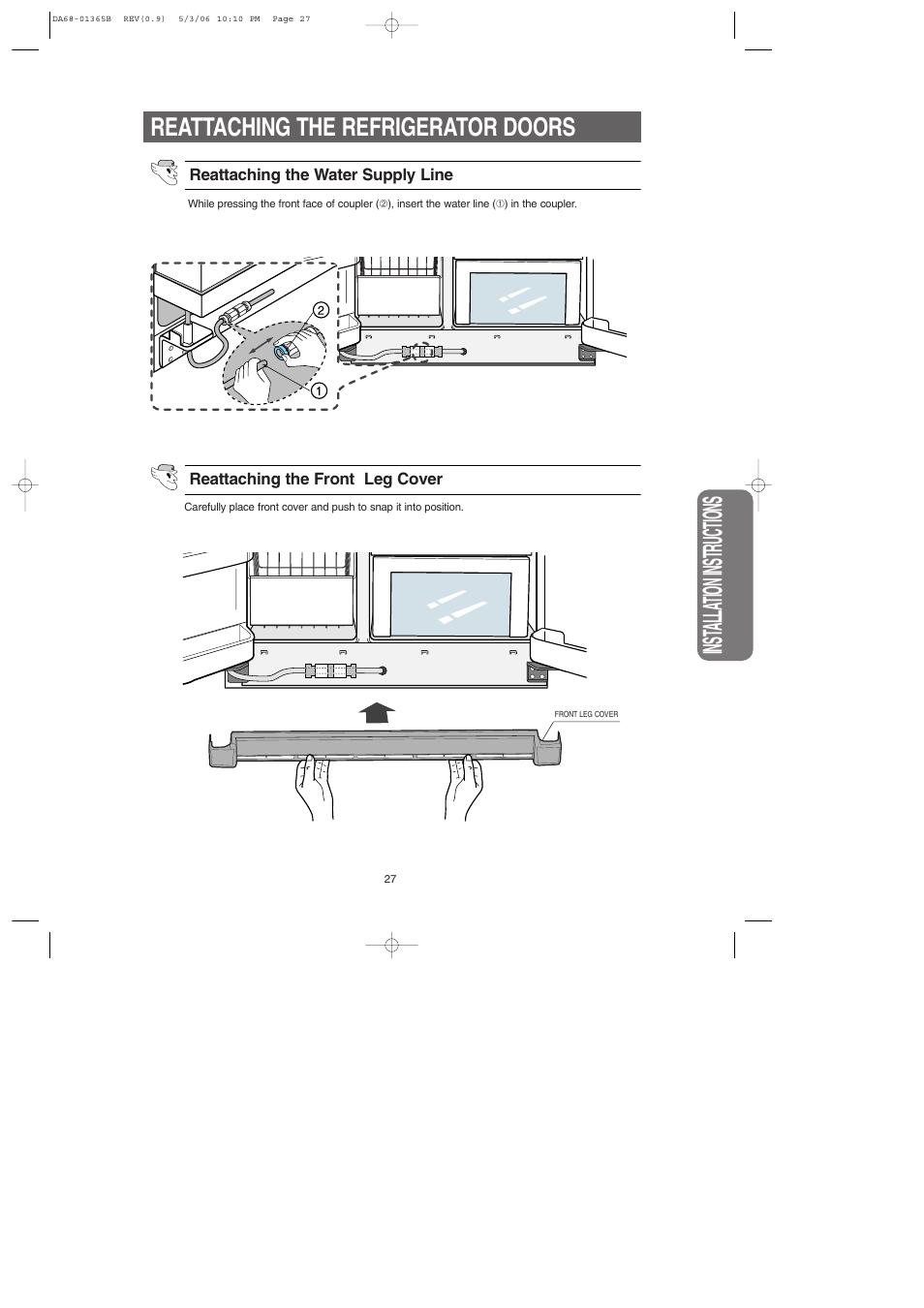 Inst alla tion instructions, Reattaching the refrigerator doors | Samsung RS2623SL-XAA User Manual | Page 27 / 40