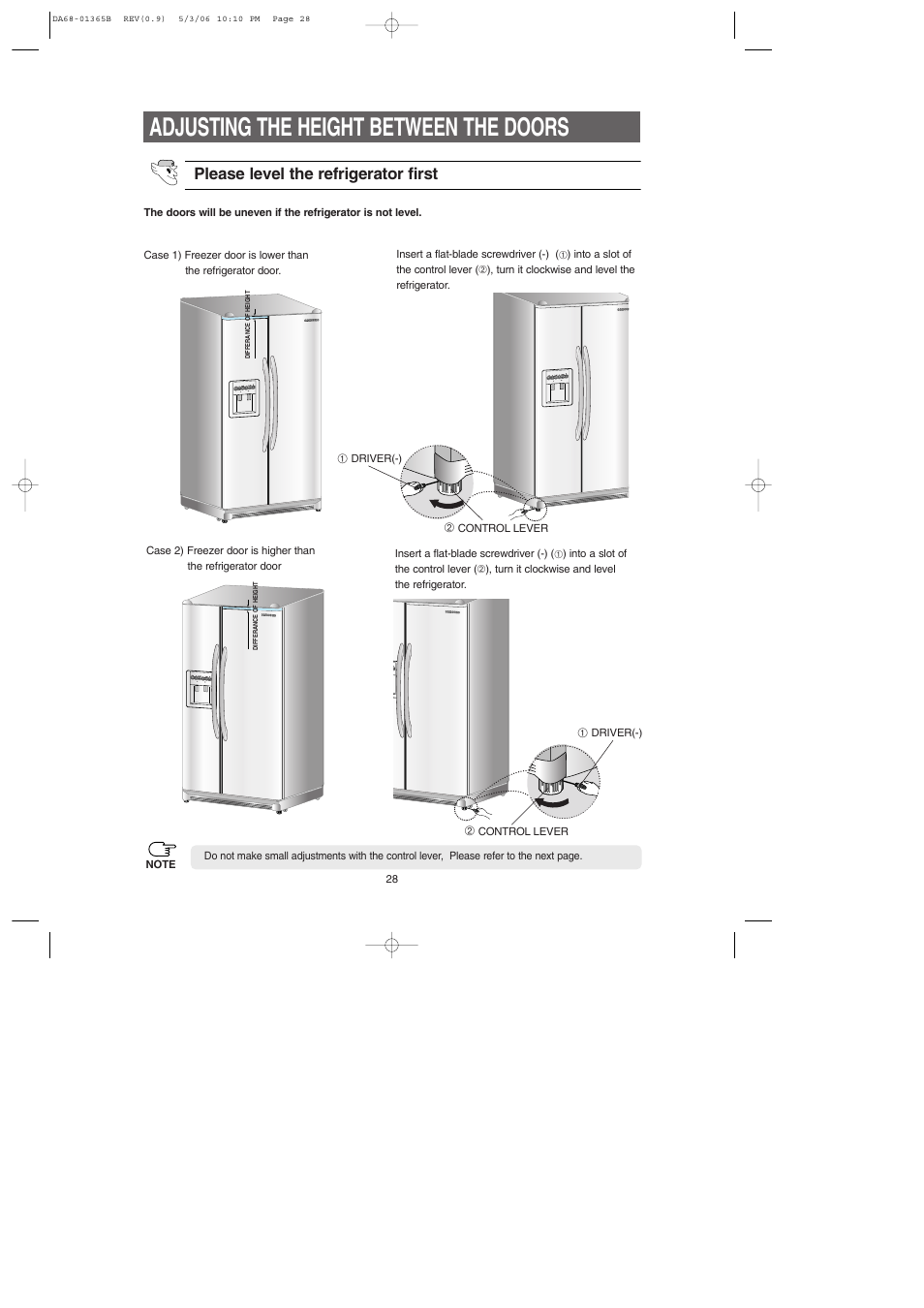 Adjusting the height between the doors, Please level the refrigerator first | Samsung RS2623SL-XAA User Manual | Page 28 / 40