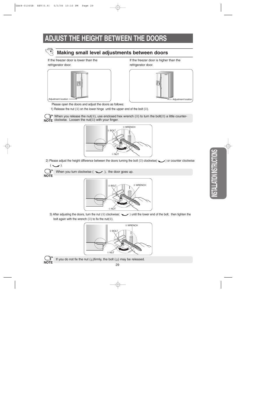 Inst alla tion instructions, Adjust the height between the doors, Making small level adjustments between doors | Samsung RS2623SL-XAA User Manual | Page 29 / 40