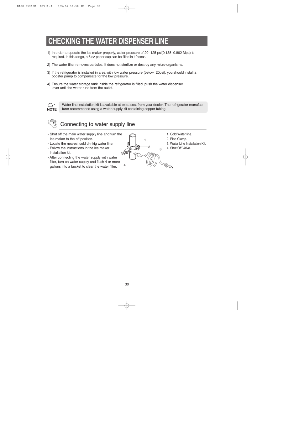 Checking the water dispenser line, Connecting to water supply line | Samsung RS2623SL-XAA User Manual | Page 30 / 40