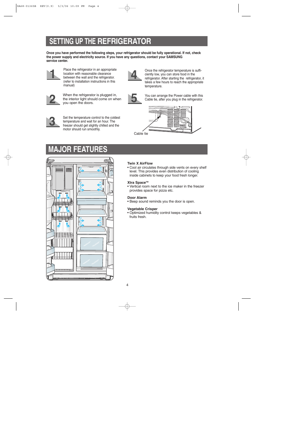Setting up the refrigerator, Major features, Setting up the refrigerator major features | Samsung RS2623SL-XAA User Manual | Page 4 / 40
