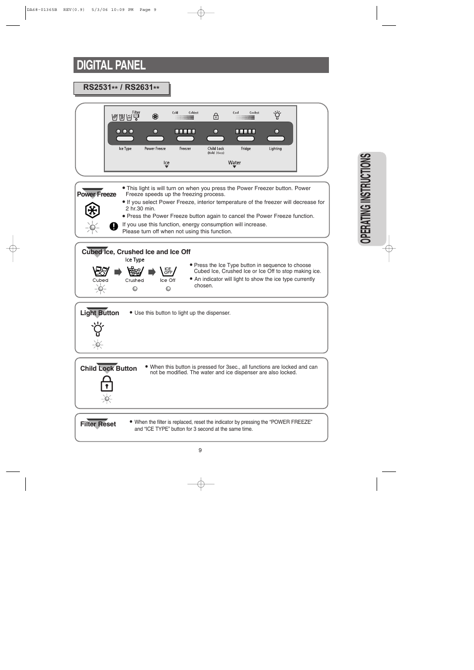 Digital panel, Opera ting instructions | Samsung RS2623SL-XAA User Manual | Page 9 / 40