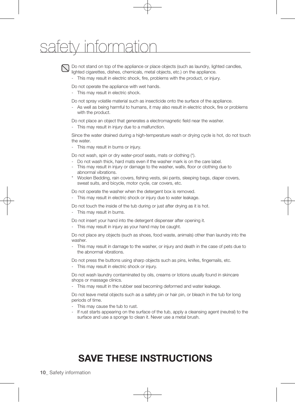 Safety information, Save these instructions | Samsung WF393BTPARA-A1 User Manual | Page 10 / 132