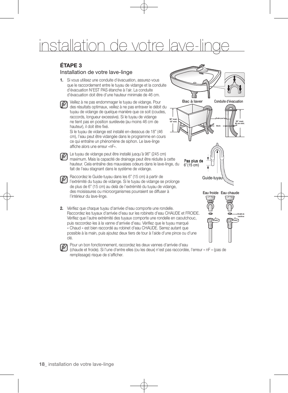 Installation de votre lave-linge, Étape 3 installation de votre lave-linge | Samsung WF393BTPARA-A1 User Manual | Page 106 / 132