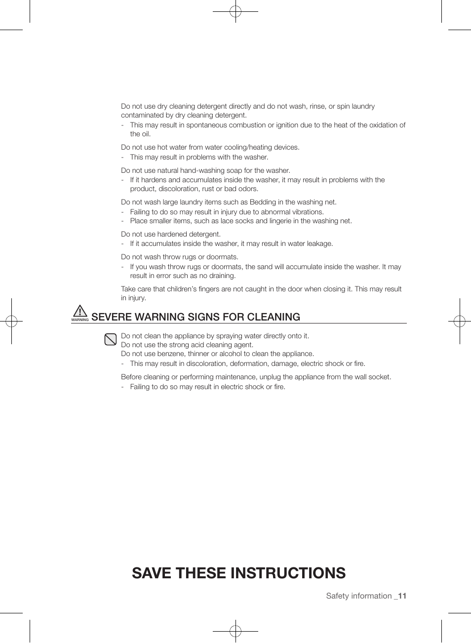 Save these instructions, Severe warning signs for cleaning | Samsung WF393BTPARA-A1 User Manual | Page 11 / 132
