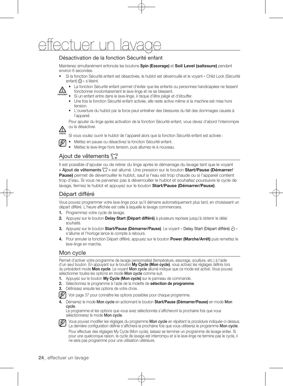 Effectuer un lavage, Ajout de vêtements, Départ différé | Mon cycle | Samsung WF393BTPARA-A1 User Manual | Page 112 / 132