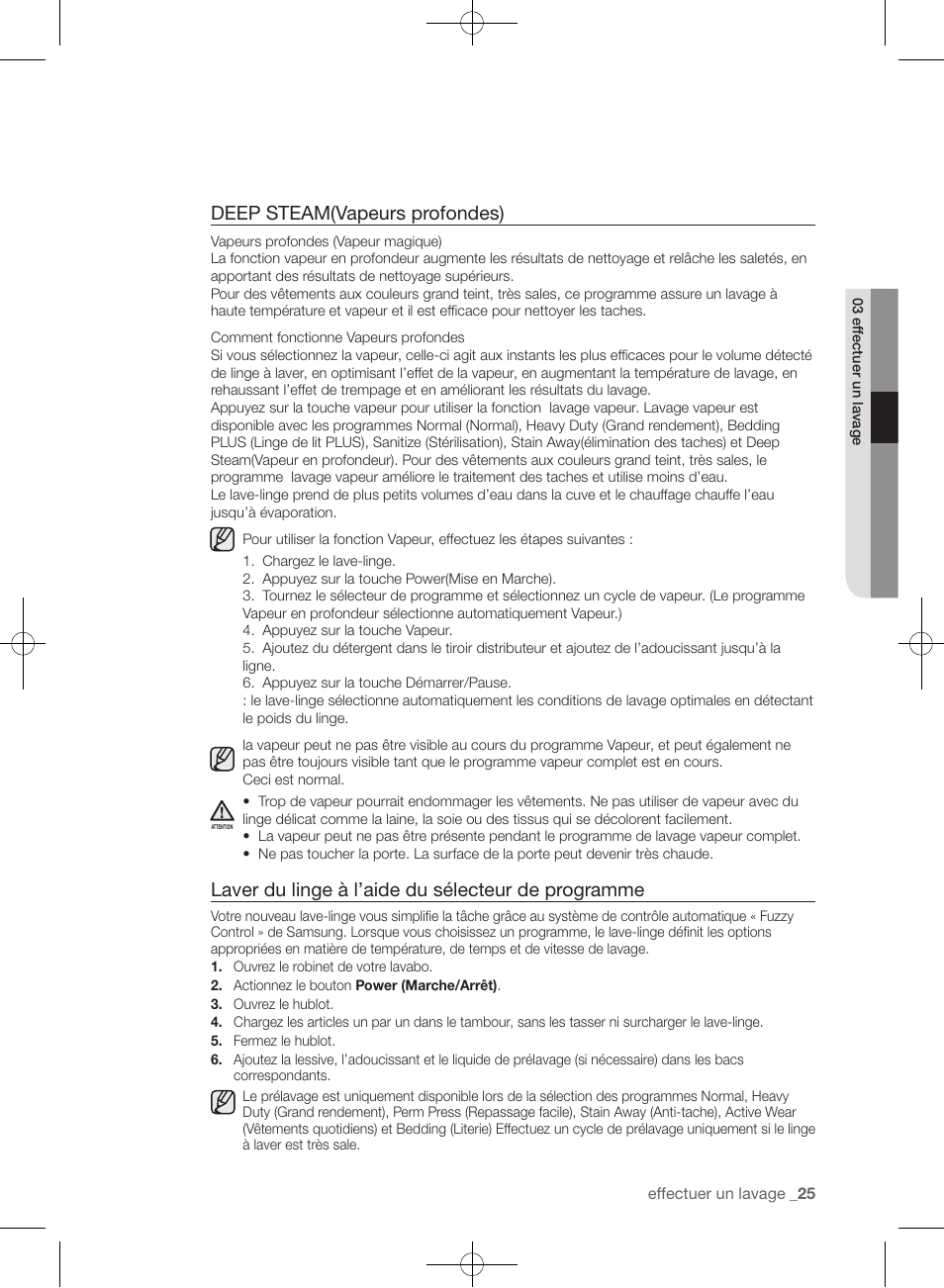 Deep steam(vapeurs profondes), Laver du linge à l’aide du sélecteur de programme | Samsung WF393BTPARA-A1 User Manual | Page 113 / 132