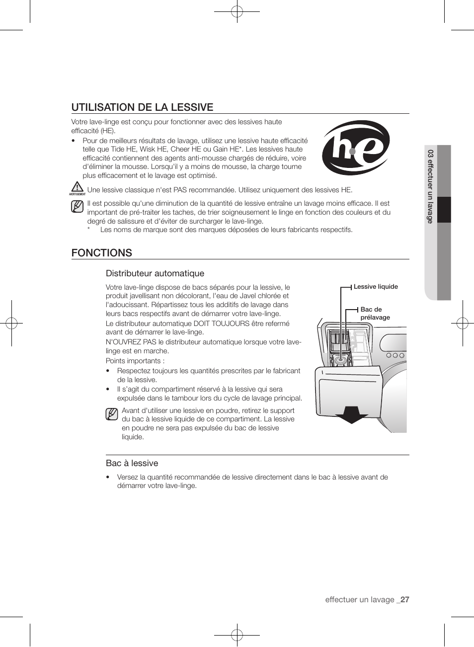 Utilisation de la lessive, Fonctions | Samsung WF393BTPARA-A1 User Manual | Page 115 / 132
