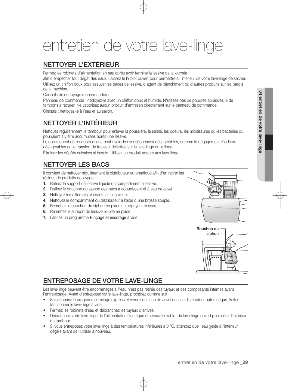 Entretien de votre lave-linge, Nettoyer l'extérieur, Nettoyer l'intérieur | Nettoyer les bacs, Entreposage de votre lave-linge | Samsung WF393BTPARA-A1 User Manual | Page 117 / 132