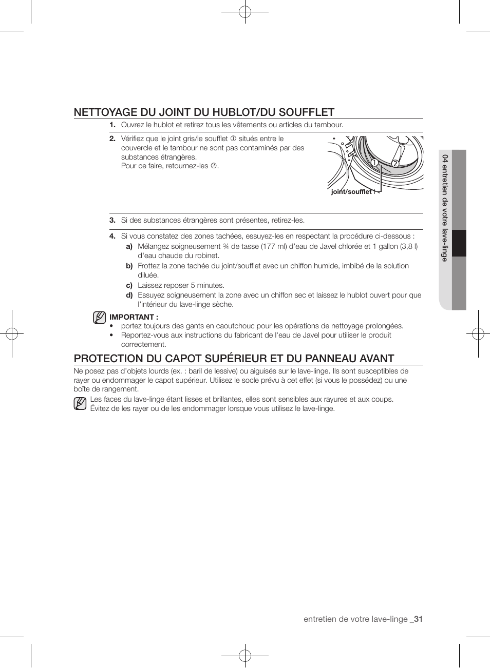 Nettoyage du joint du hublot/du soufflet, Protection du capot supérieur et du panneau avant | Samsung WF393BTPARA-A1 User Manual | Page 119 / 132