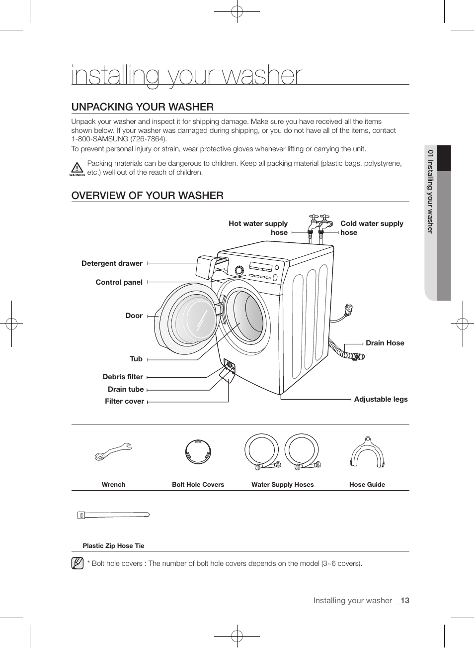 Installing your washer, Unpacking your washer, Overview of your washer | Samsung WF393BTPARA-A1 User Manual | Page 13 / 132