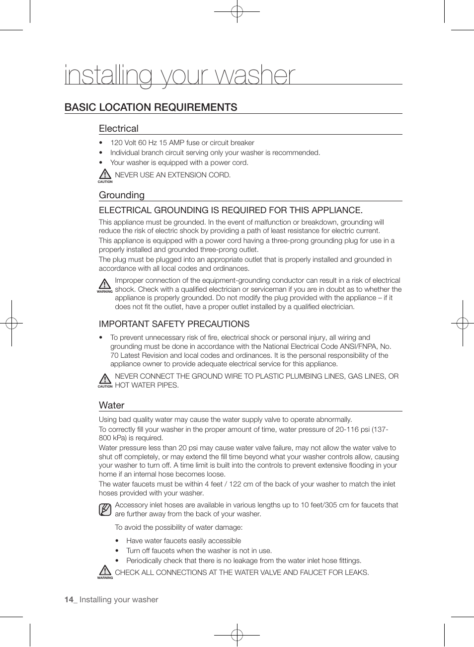 Installing your washer, Basic location requirements, Electrical | Grounding, Water | Samsung WF393BTPARA-A1 User Manual | Page 14 / 132
